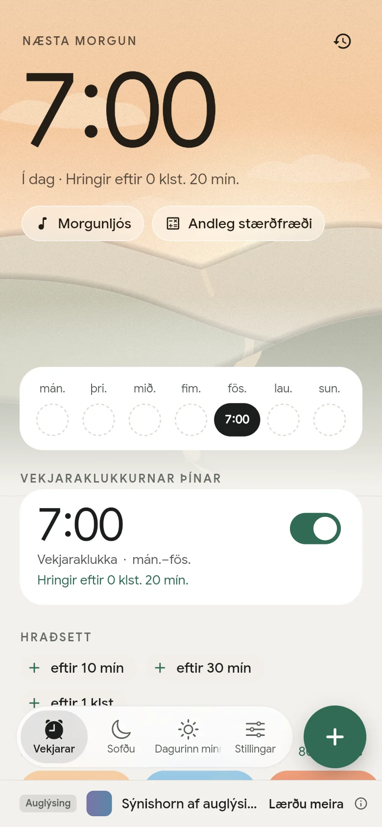 Flipinn „Vekjarar“: næsti vekjari er stilltur á 07:00.