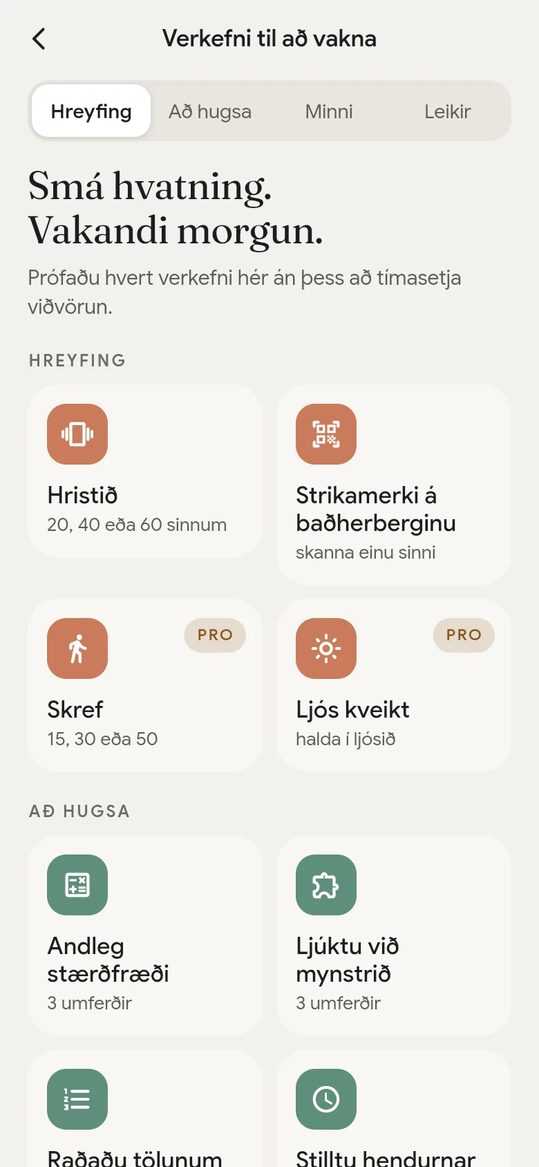 Safn vökuverkefna í appinu.
