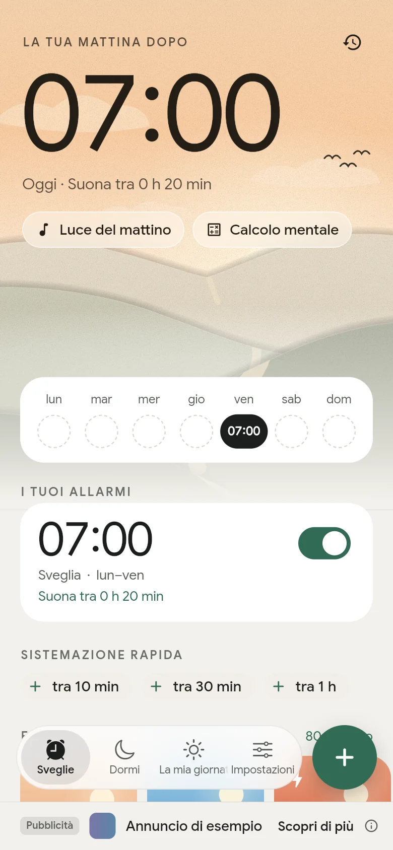 La scheda Sveglie: la prossima sveglia è impostata per le 07:00.