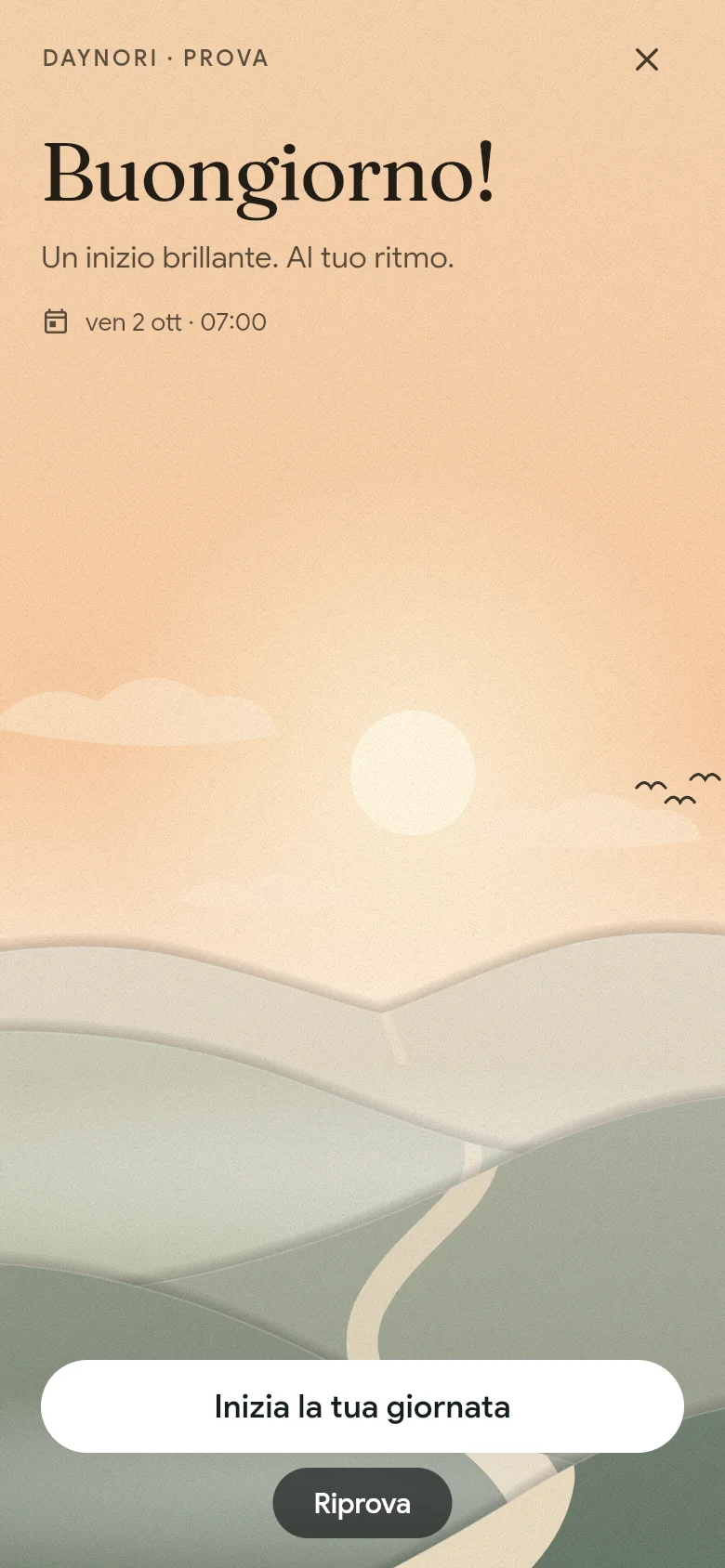 Il saluto «Buongiorno!» sopra il paesaggio del mattino.