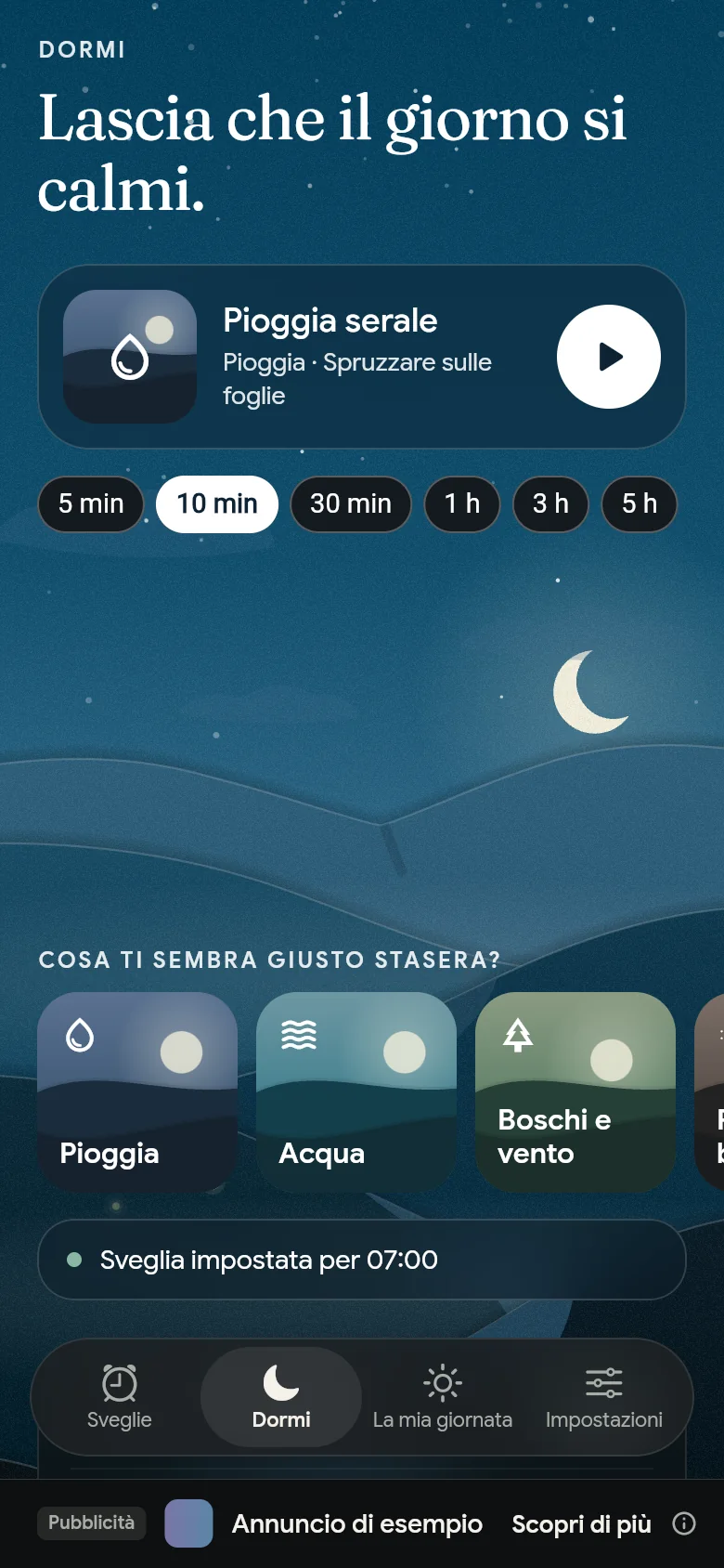 La scheda Dormi di notte, con un suono, la sua durata e gli scaffali.