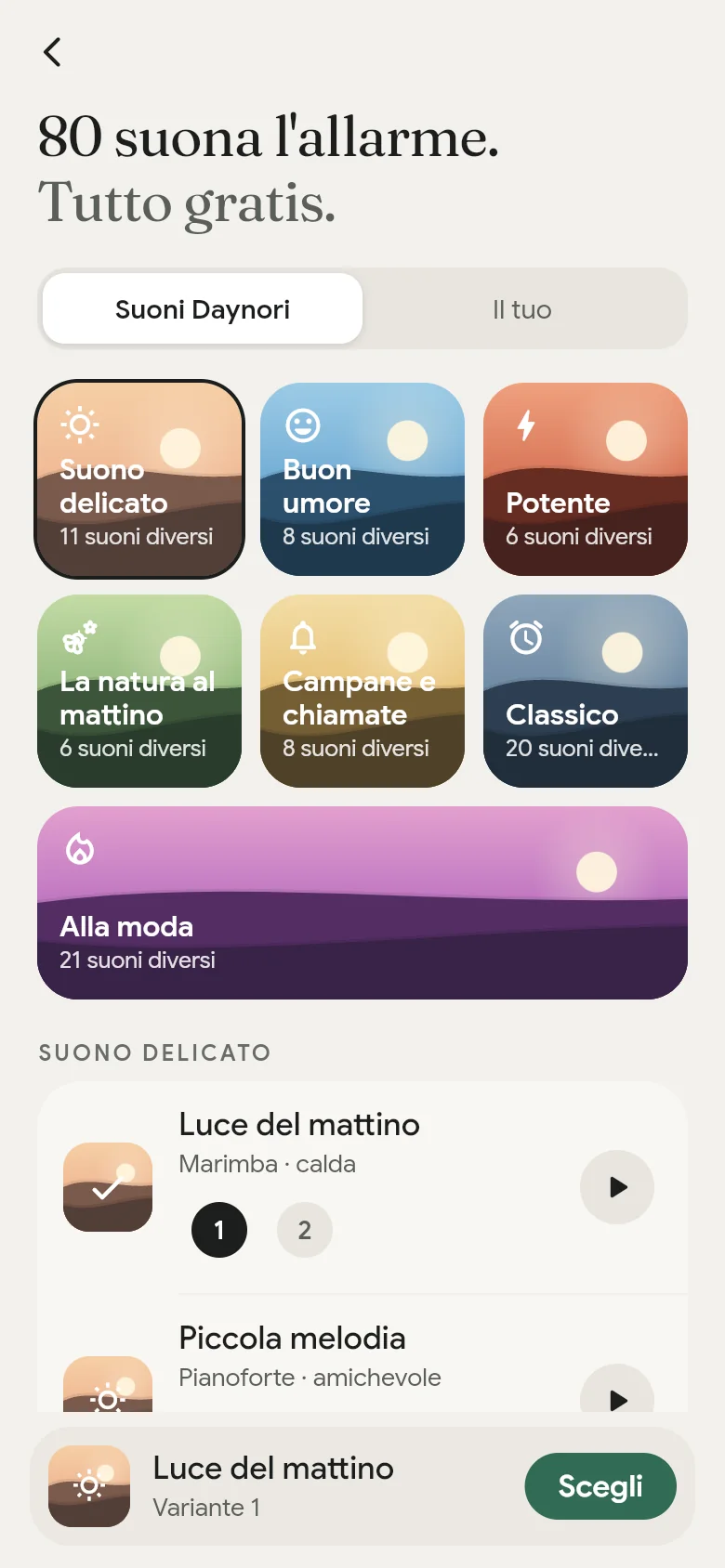 La libreria dei suoni dell’app con i suoi sette scaffali.