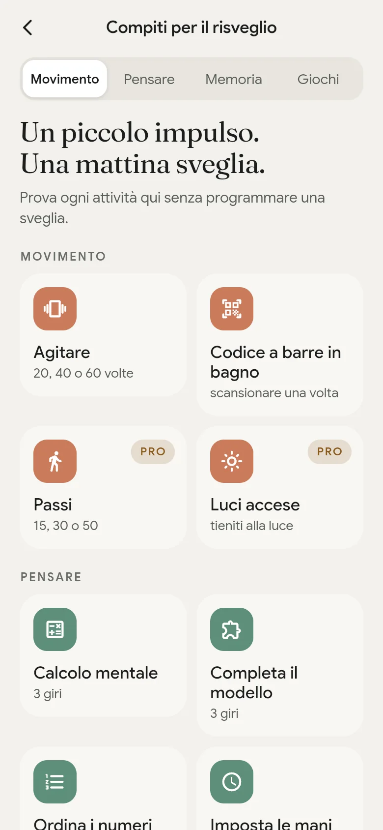La libreria dei compiti per il risveglio nell’app.