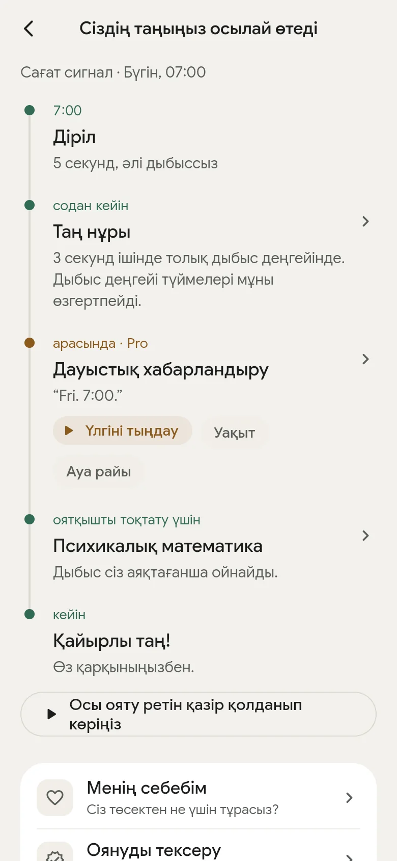 Қолданбадағы «Сіздің таңыңыз осылай өтеді» уақыт шкаласы.