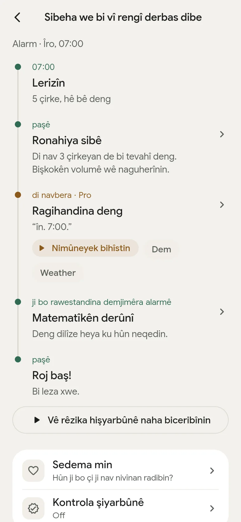 Xeta demê “Sibeha we bi vî rengî derbas dibe” di sepanê de.