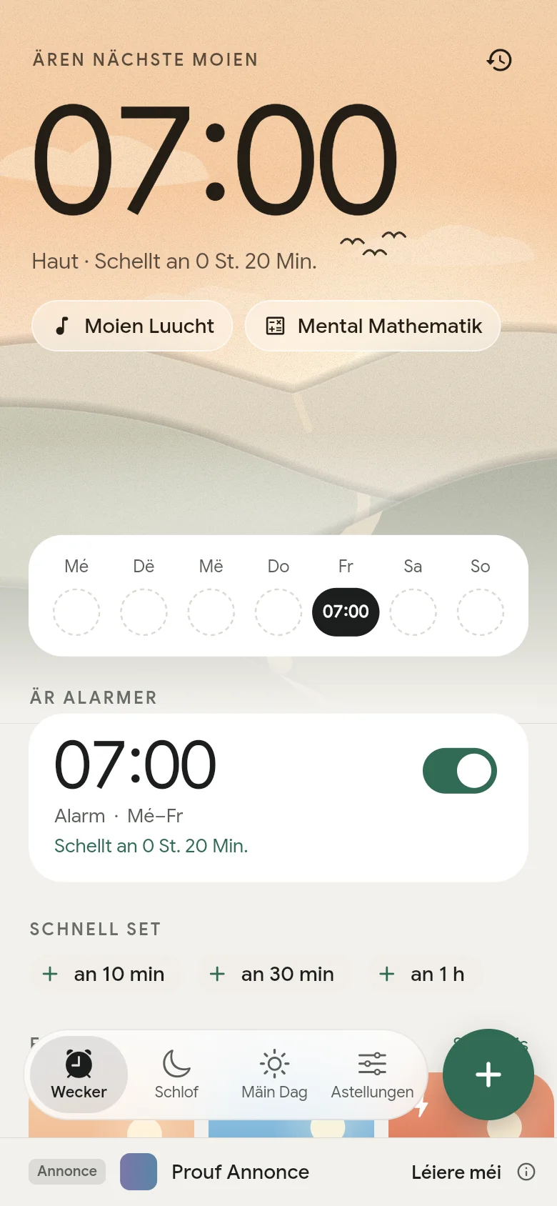 Den Tab Wecker: Den nächste Wecker steet op 07:00.