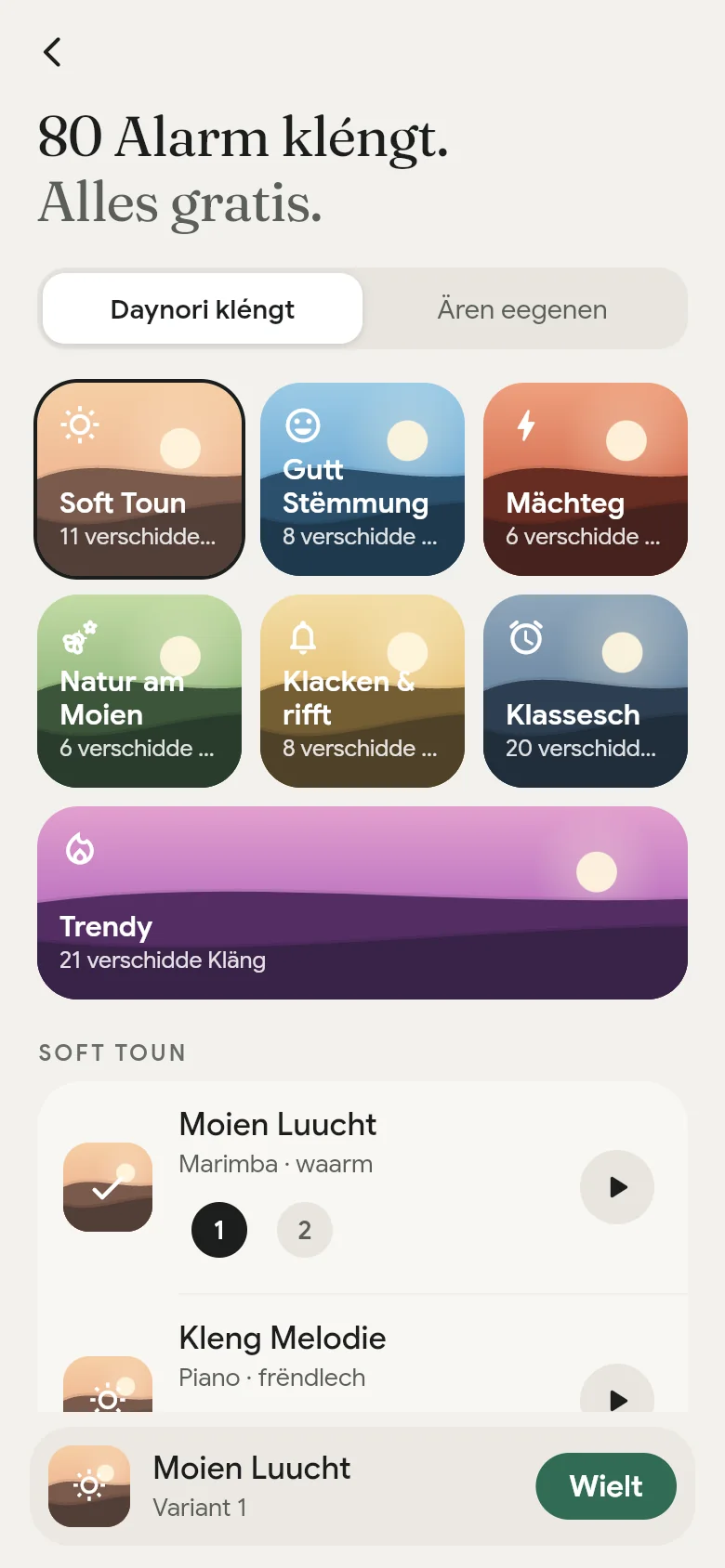 D’Klangbibliothéik vun der App mat hire siwe Regaler.