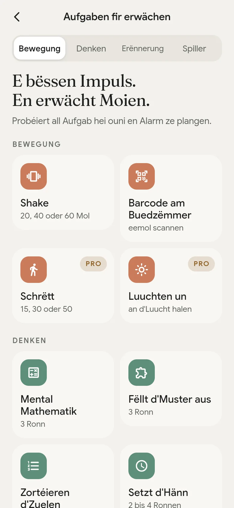 D’Bibliothéik vun den Aufgabe fir erwächen an der App.
