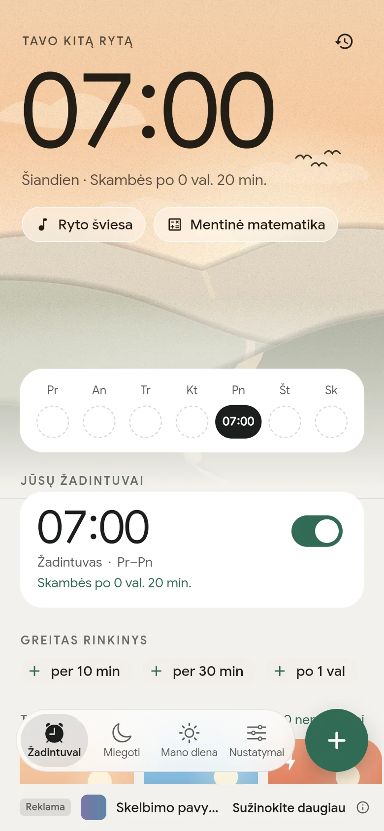 Skirtukas „Žadintuvai“: kitas žadintuvas nustatytas 07:00.