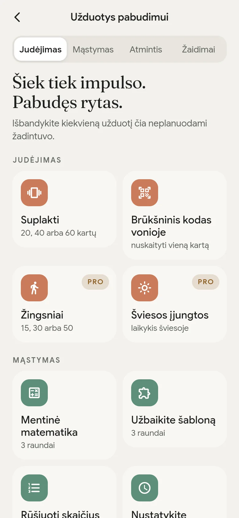 Užduočių pabudimui biblioteka programėlėje.