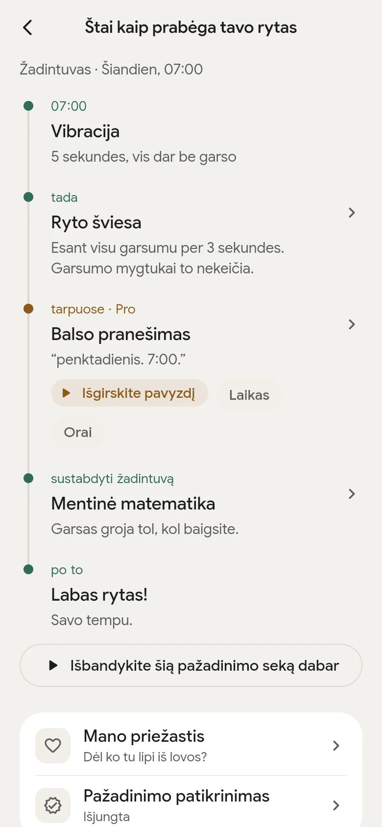 Laiko juosta „Štai kaip prabėga tavo rytas“ programėlėje.