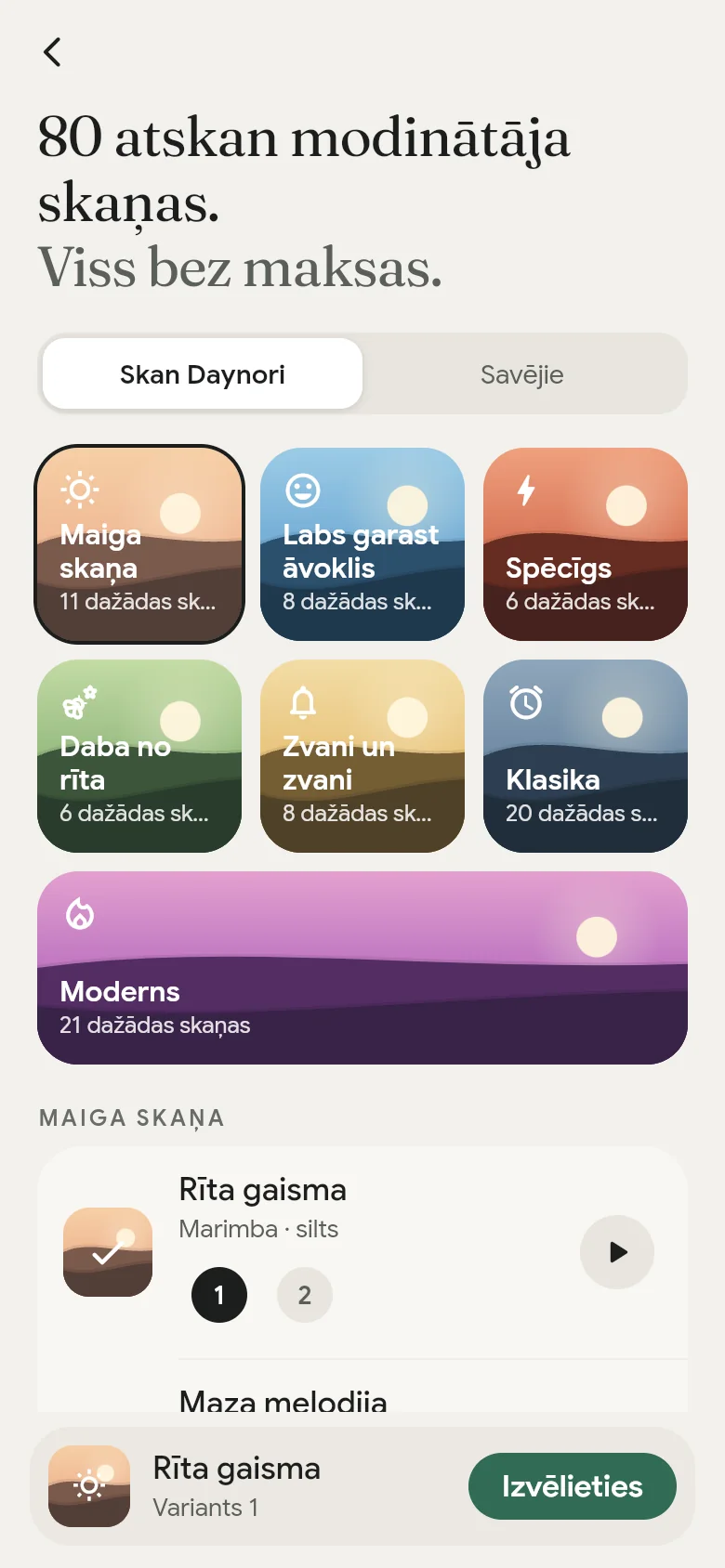 Lietotnes skaņu bibliotēka ar tās septiņiem plauktiem.