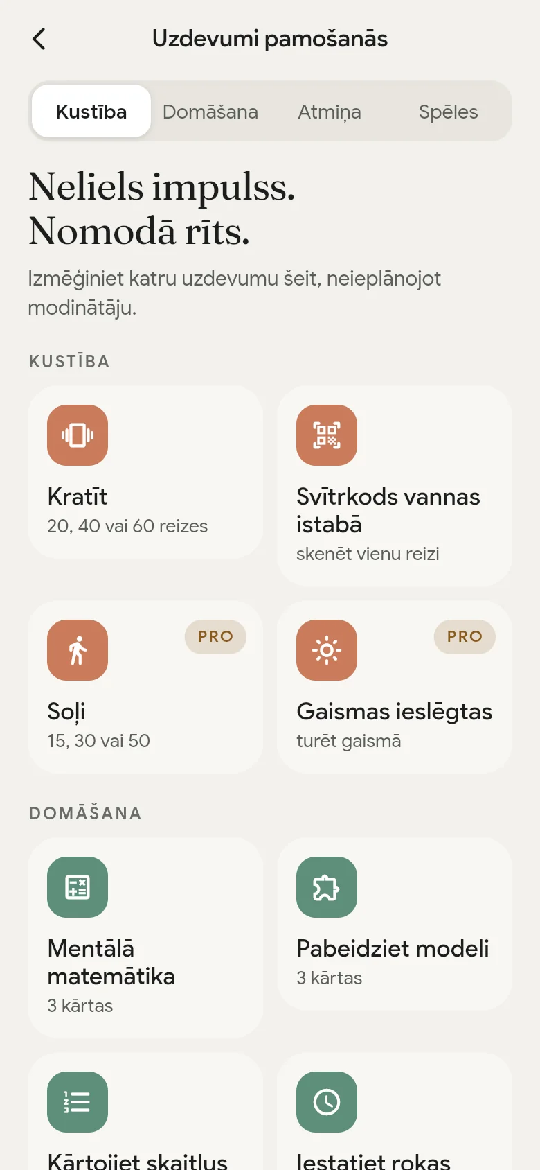 Pamošanās uzdevumu bibliotēka lietotnē.