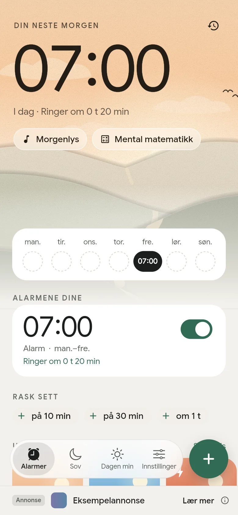 Fanen «Alarmer»: Neste alarm er satt til 07:00.