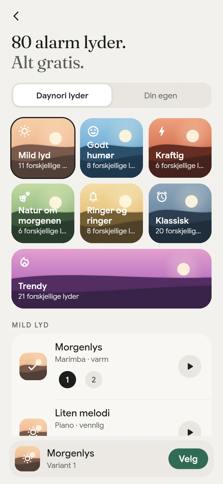 Appens lydbibliotek med sine sju hyller.