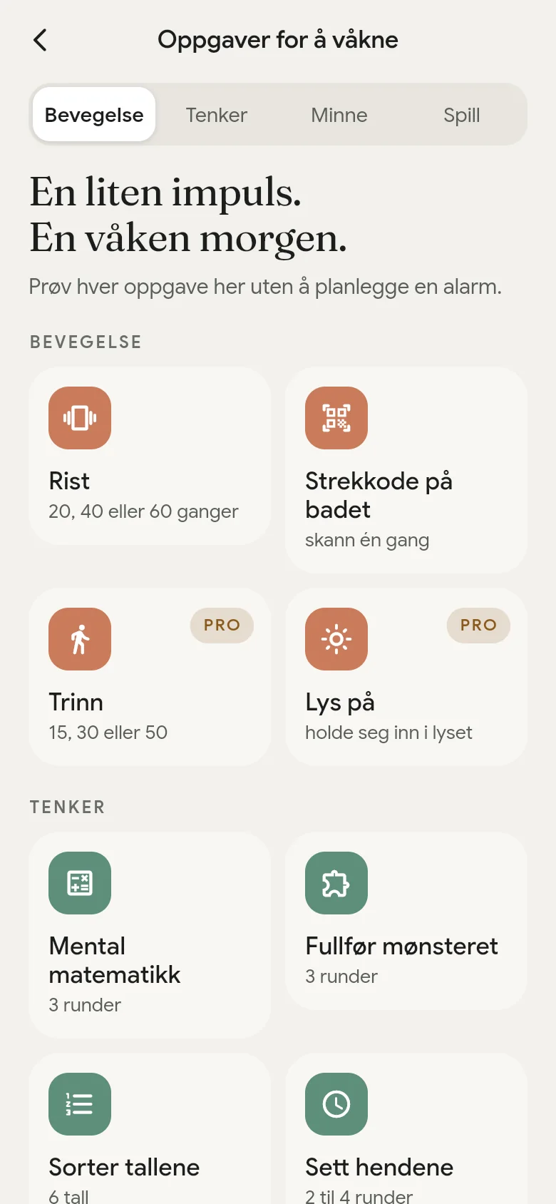 Biblioteket med vekkeoppgaver i appen.