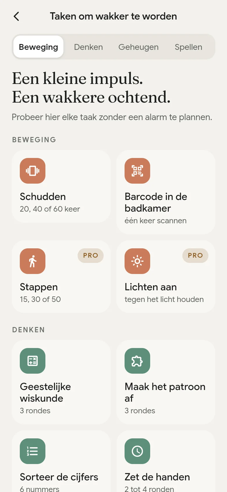 De bibliotheek met wektaken in de app.