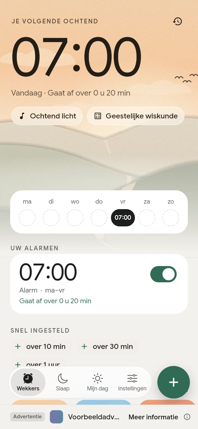 Het tabblad Wekkers: de volgende wekker staat op 07:00.