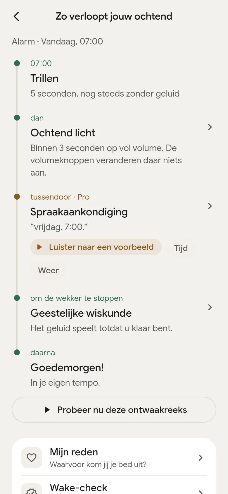 De tijdlijn ‘Zo verloopt jouw ochtend’ in de app.
