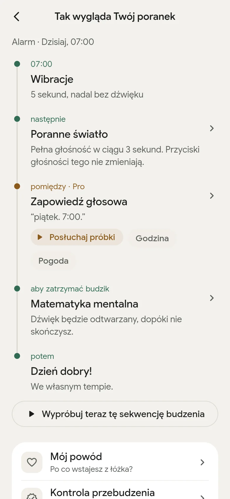 Oś czasu „Tak wygląda Twój poranek” w aplikacji.