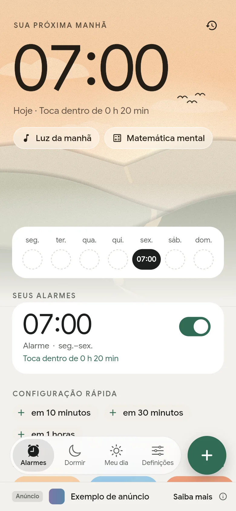 A aba Alarmes: o próximo alarme está definido para as 07:00.