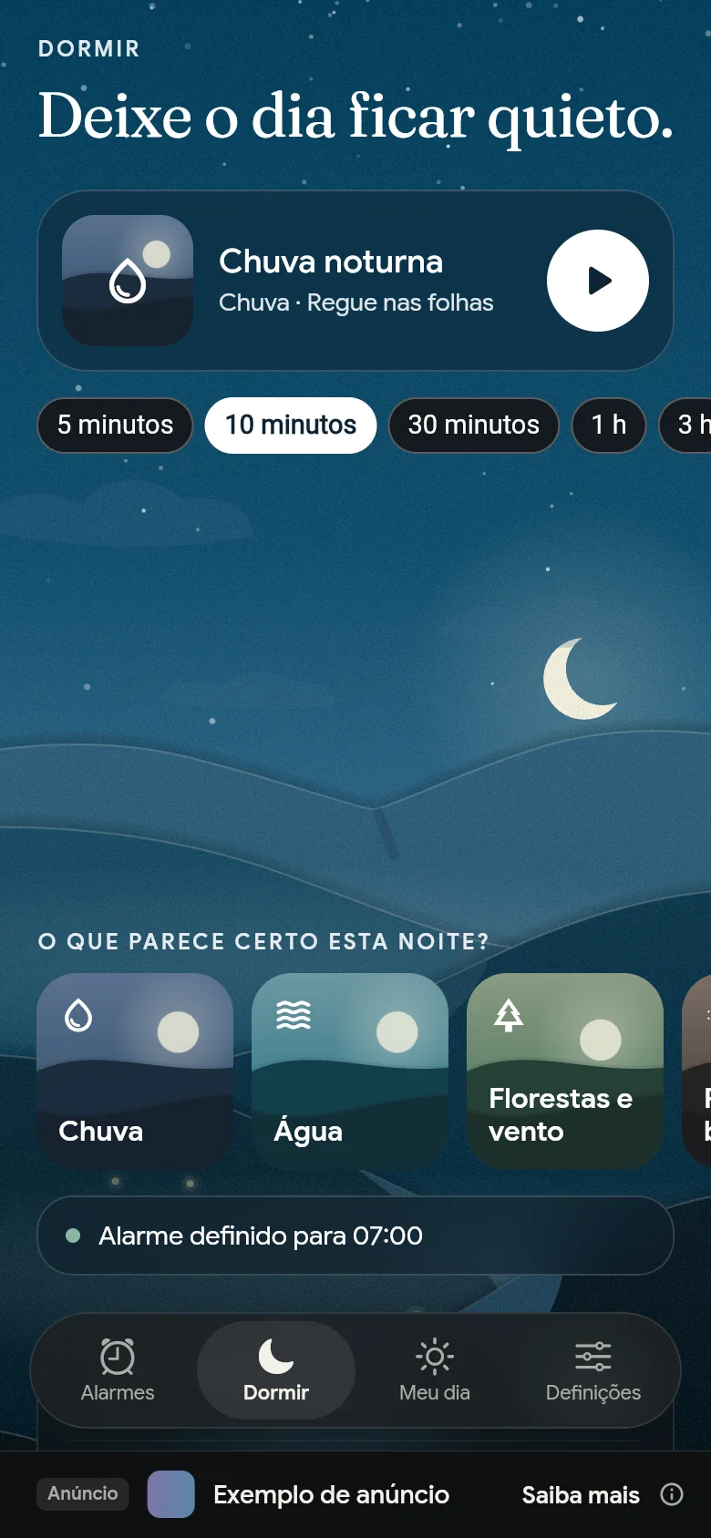 A aba Dormir à noite, com um som, a sua duração e as prateleiras.