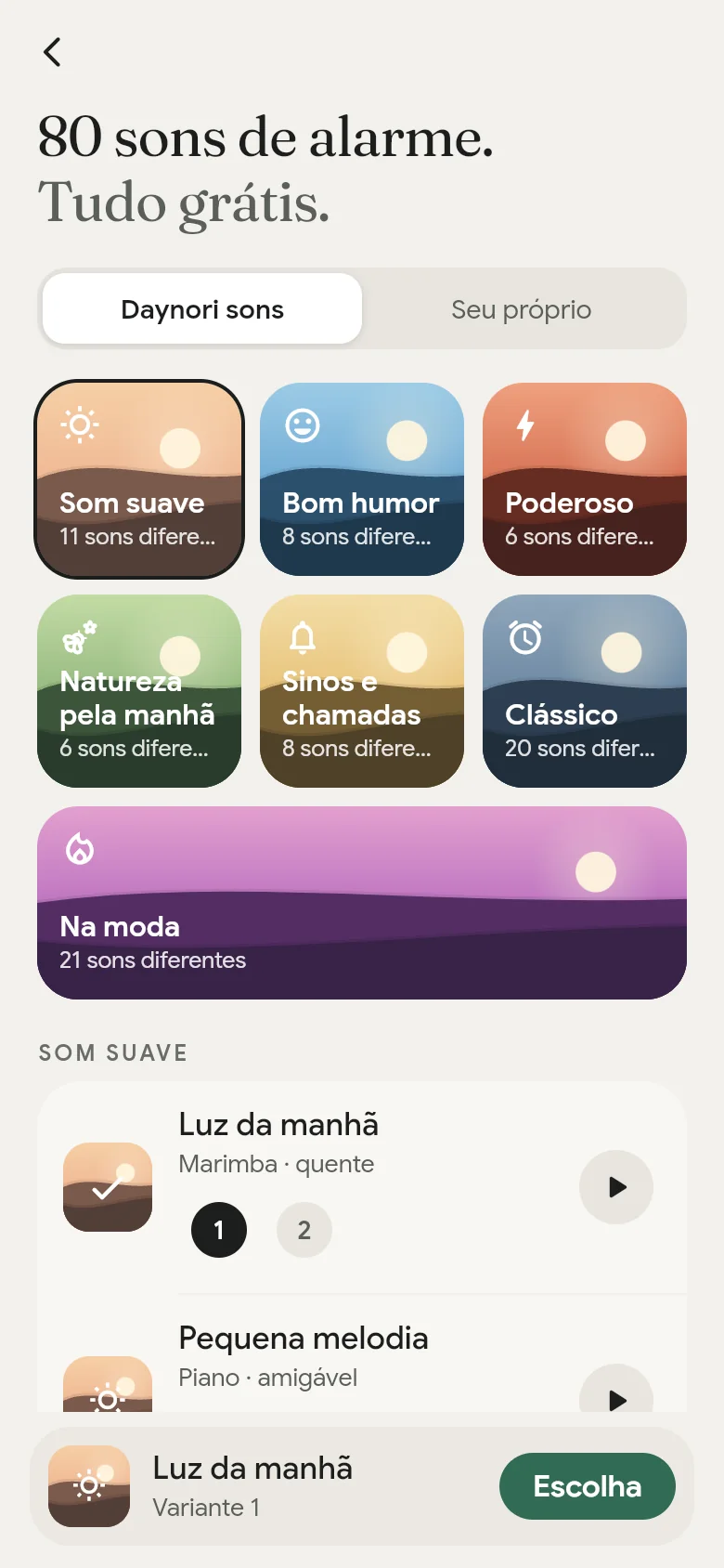 A biblioteca de sons da aplicação com as suas sete prateleiras.