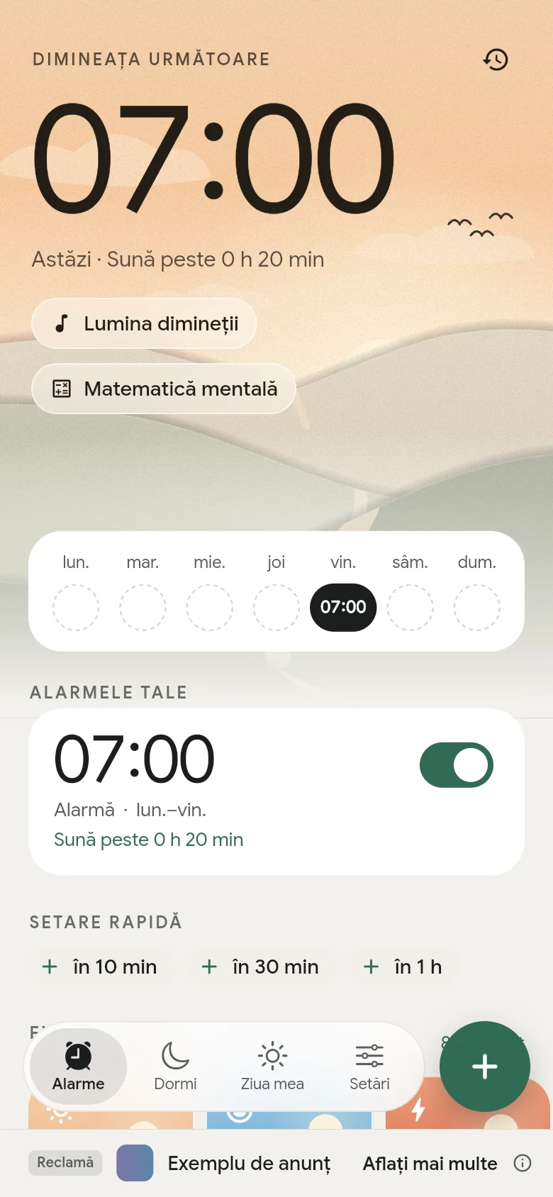 Fila Alarme: următoarea alarmă este setată pentru 07:00.