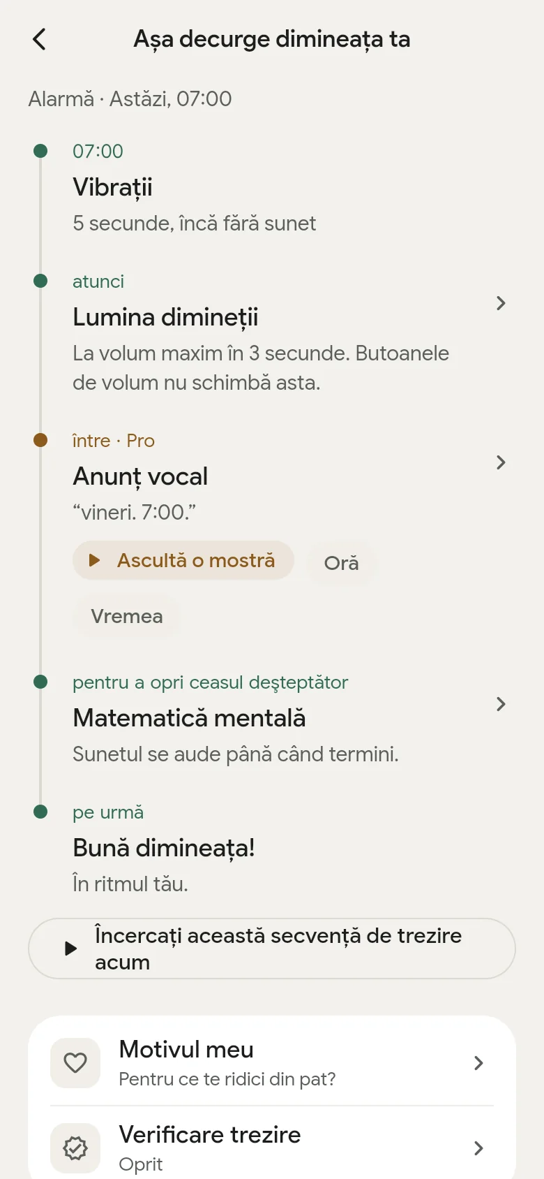 Cronologia „Așa decurge dimineața ta” din aplicație.