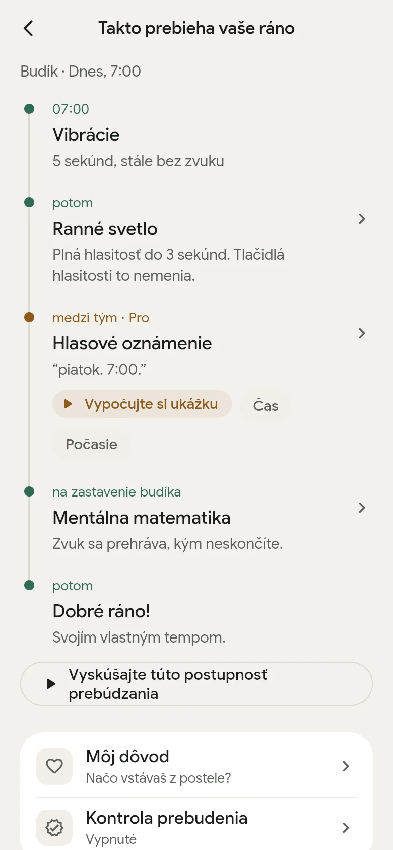 Časová os „Takto prebieha vaše ráno“ v aplikácii.