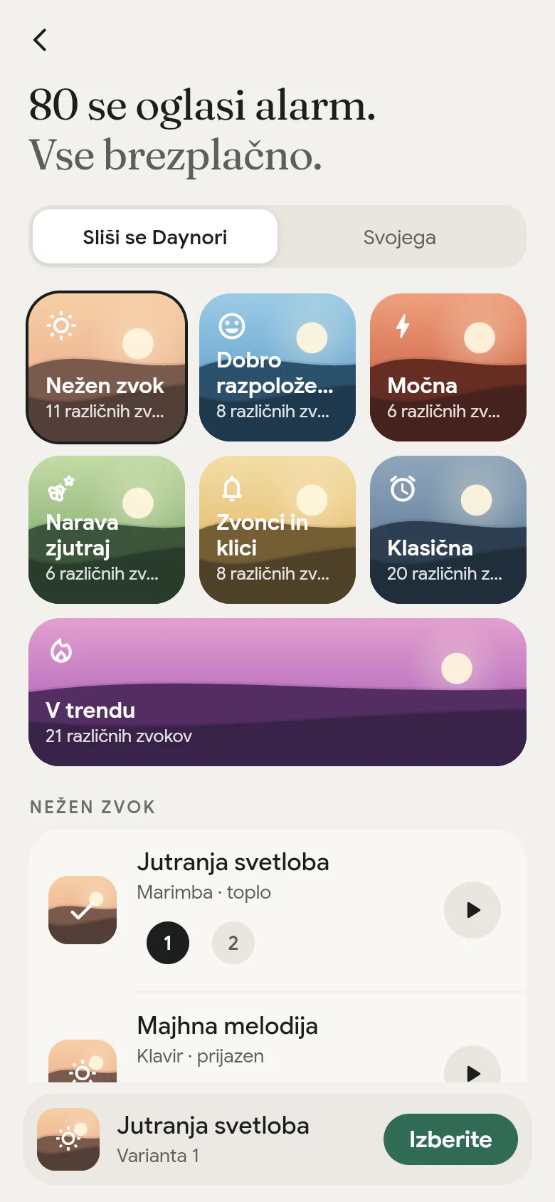 Knjižnica zvokov aplikacije s sedmimi policami.