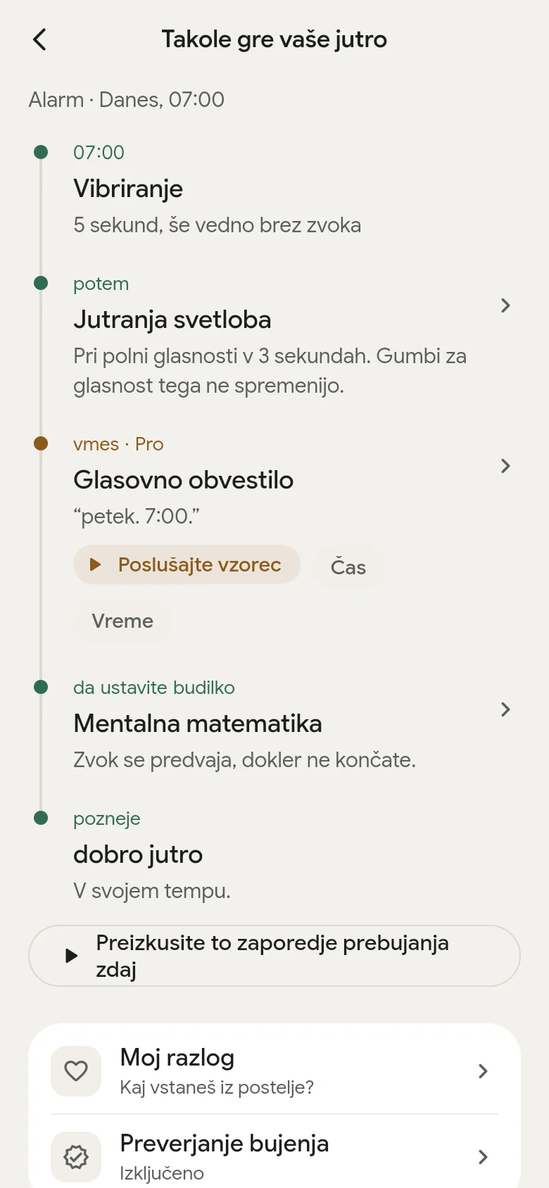 Časovnica »Takole gre vaše jutro« v aplikaciji.