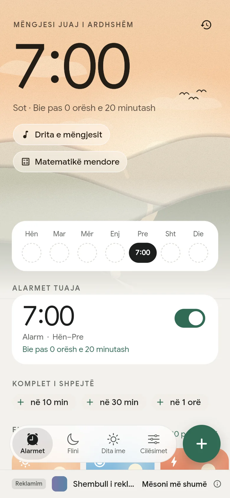 Skeda „Alarmet“: alarmi i radhës është vendosur për 07:00.