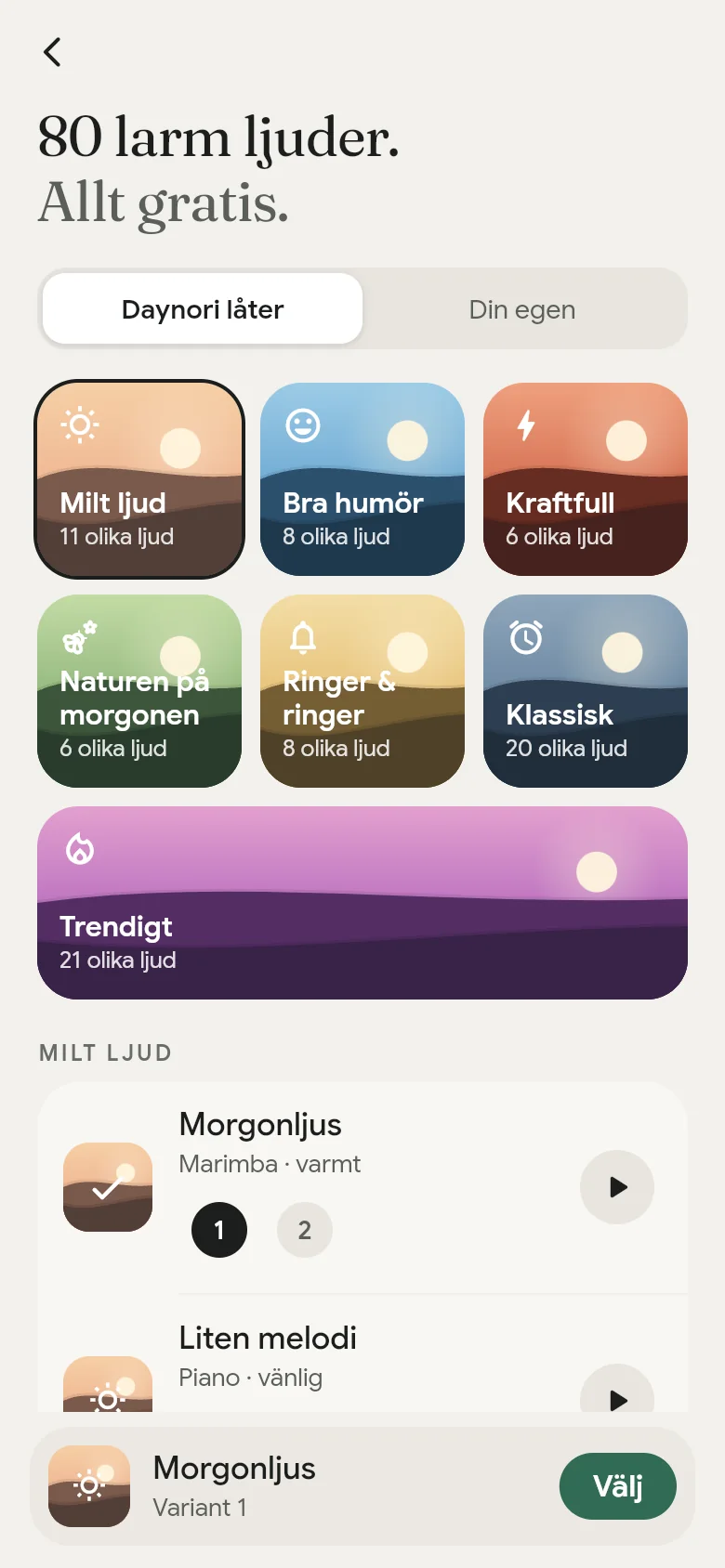 Appens ljudbibliotek med sina sju hyllor.