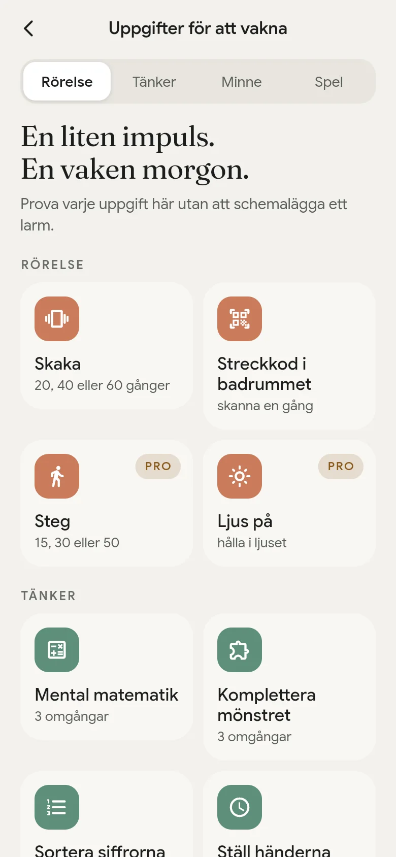 Biblioteket med väckningsuppgifter i appen.