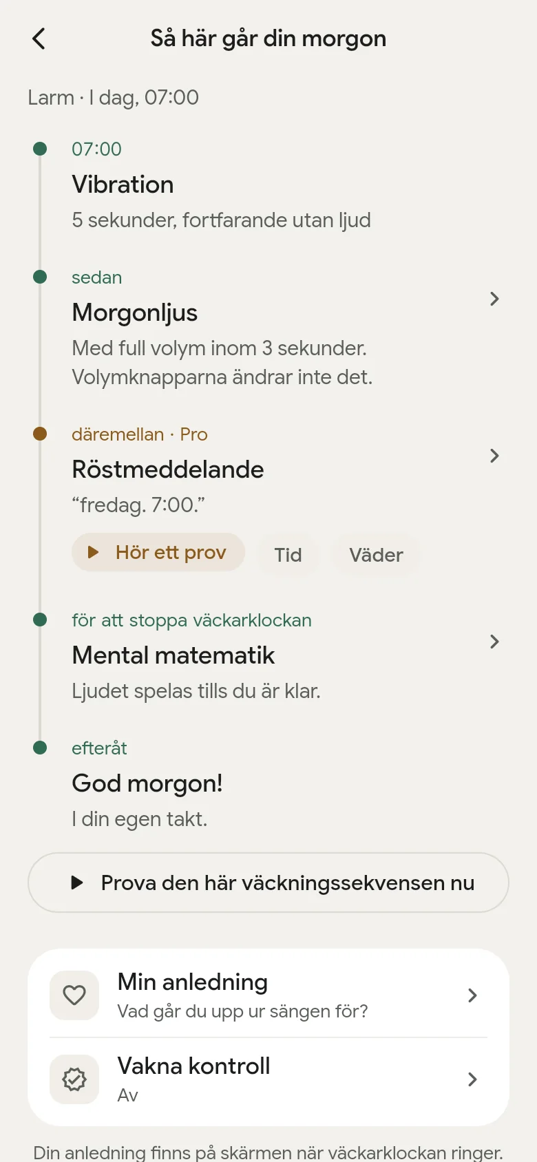 Tidslinjen ”Så här går din morgon” i appen.