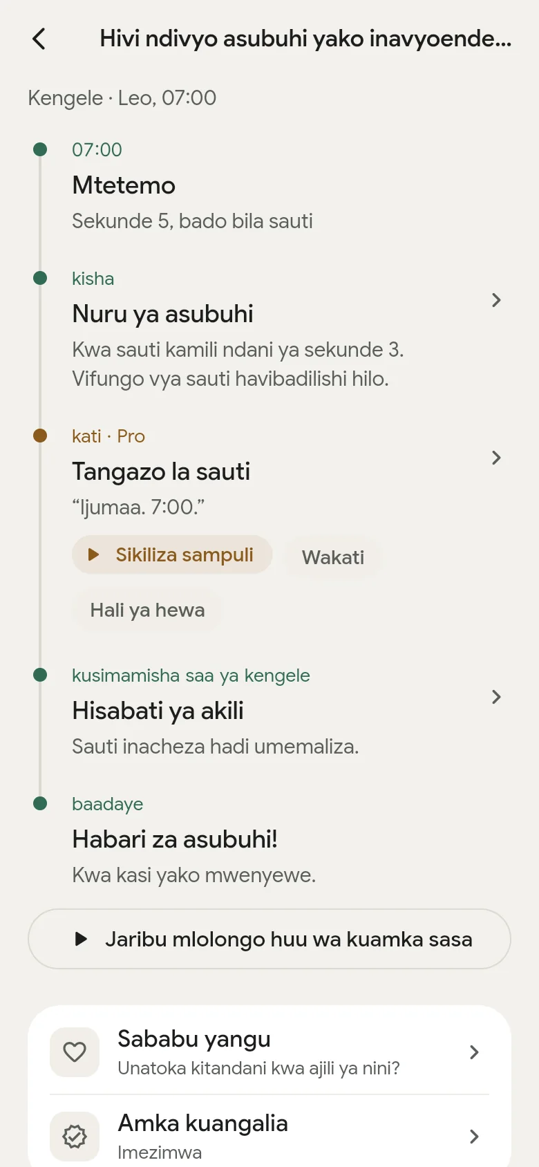 Mfuatano wa matukio “Hivi ndivyo asubuhi yako inavyoendelea” kwenye programu.