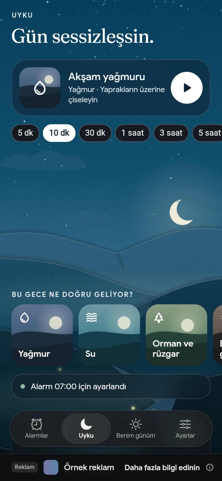Geceleyin Uyku sekmesi: bir ses, süresi ve raflar.