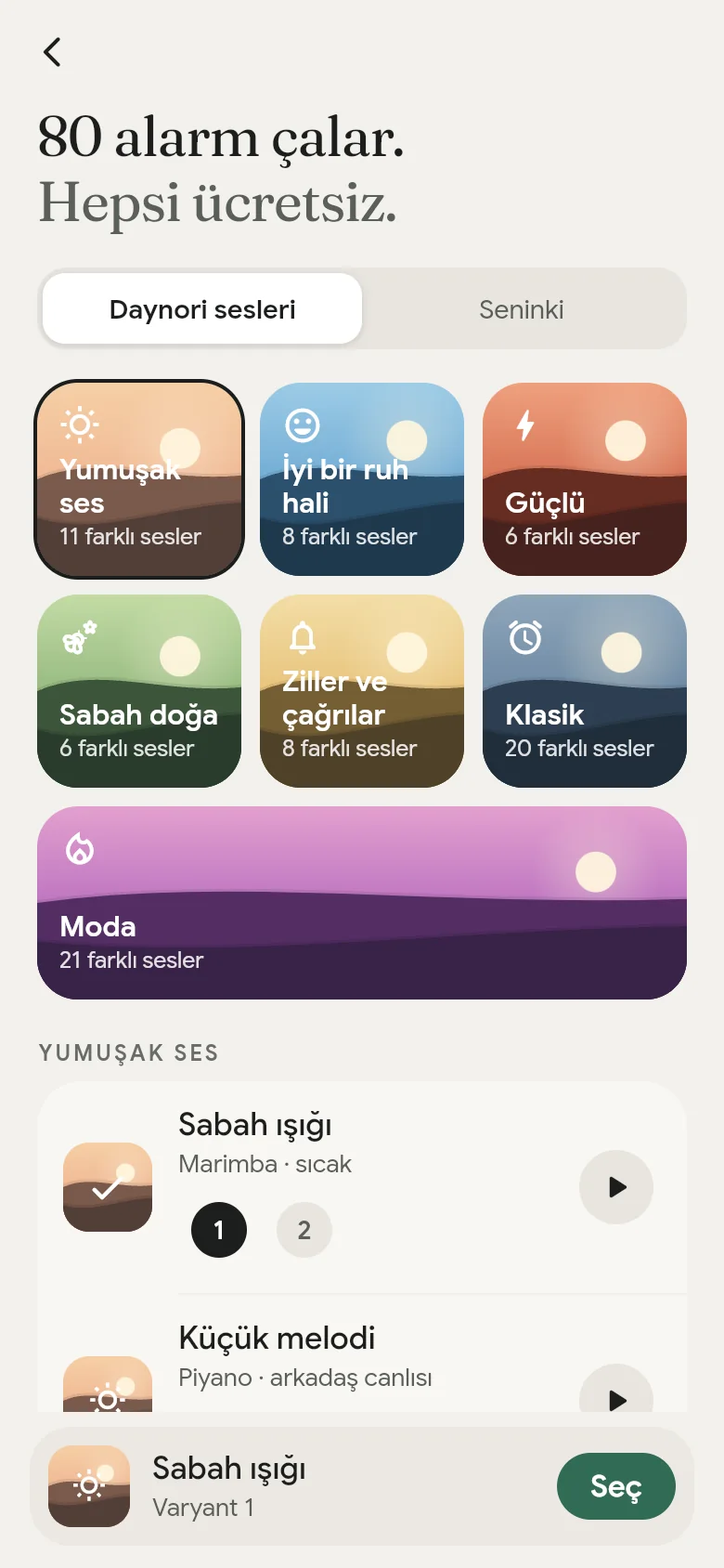 Uygulamanın yedi raflı ses kitaplığı.