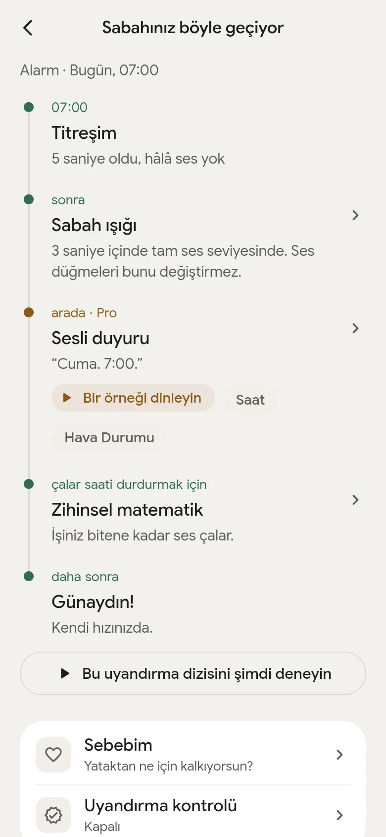 Uygulamadaki “Sabahınız böyle geçiyor” zaman çizelgesi.
