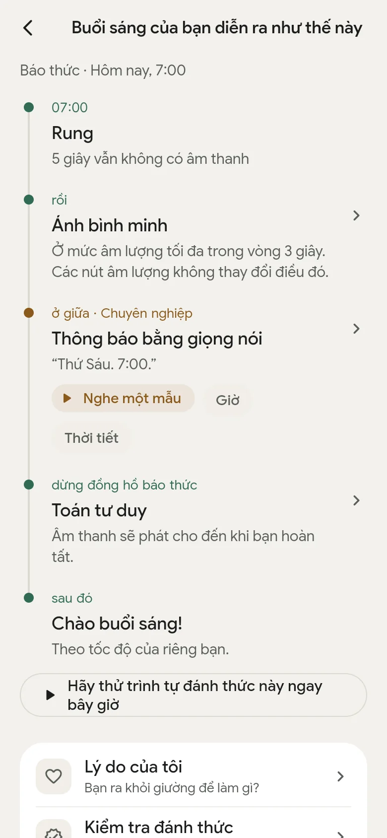 Dòng thời gian “Buổi sáng của bạn diễn ra như thế này” trong ứng dụng.